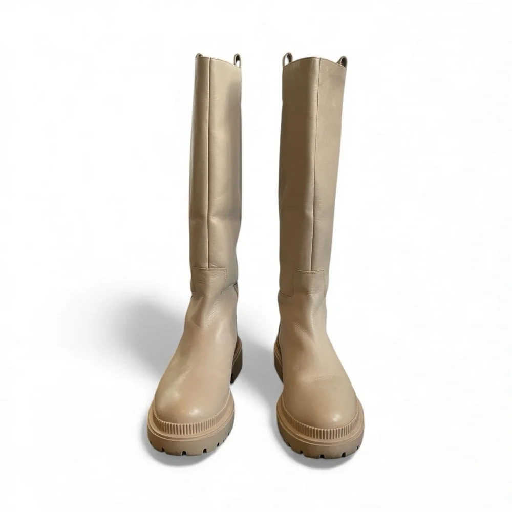 Cream Knee-High Minimalist Leather Boots by H&M Premium Chunky Rubber‎ Sole 8